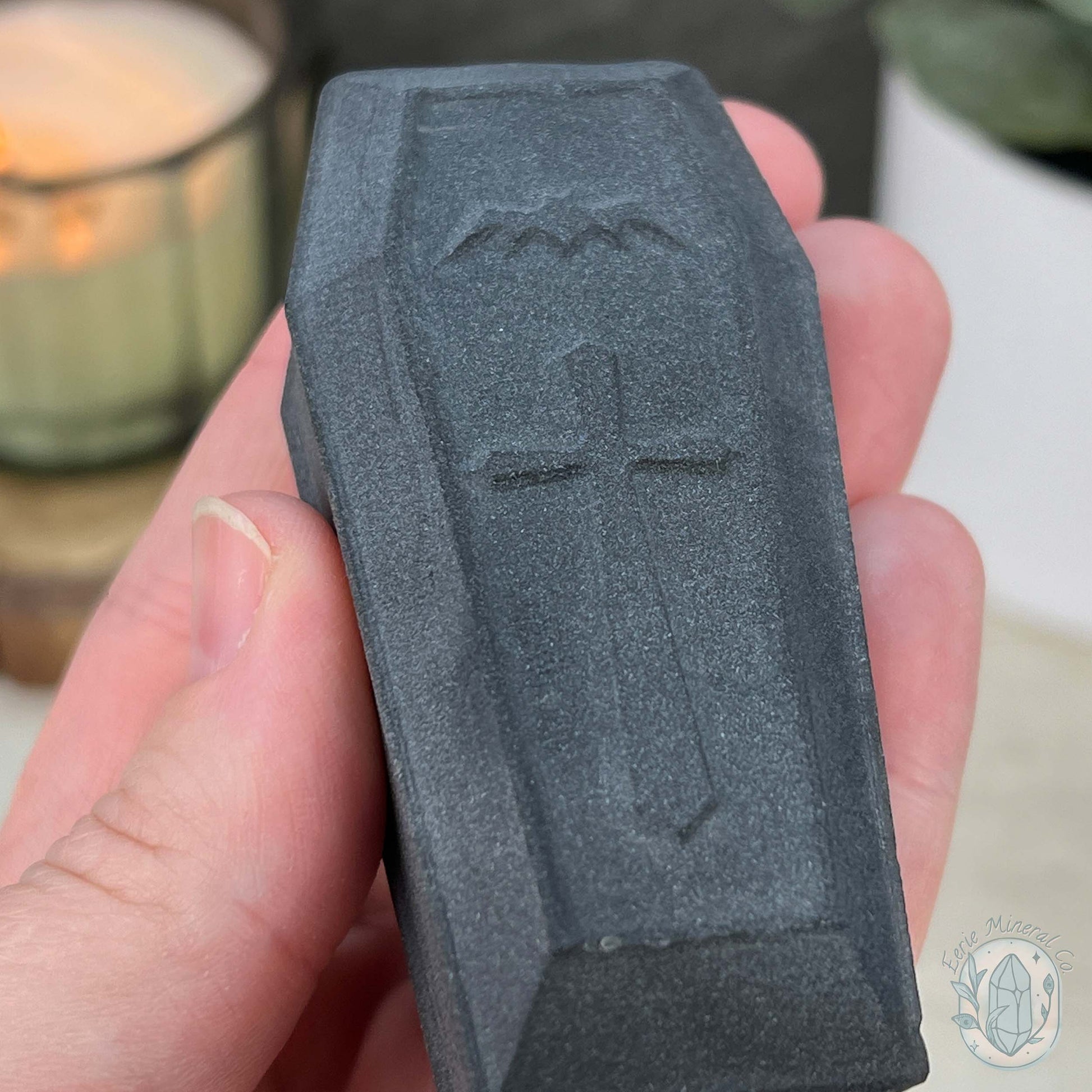 Black Obsidian Matte Finish Halloween Coffin Carvings