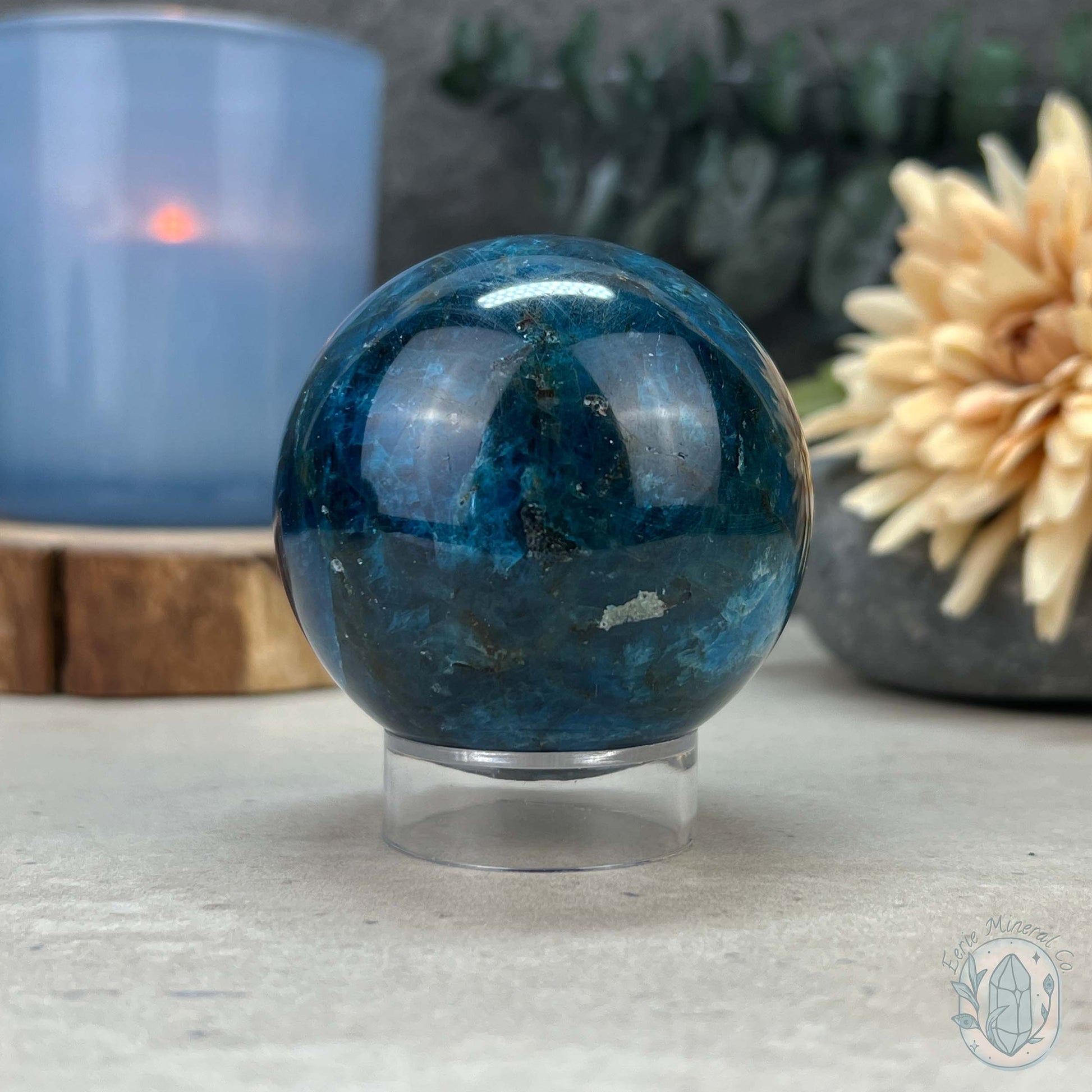 54mm Polished Blue Apatite Sphere with Silver Flash