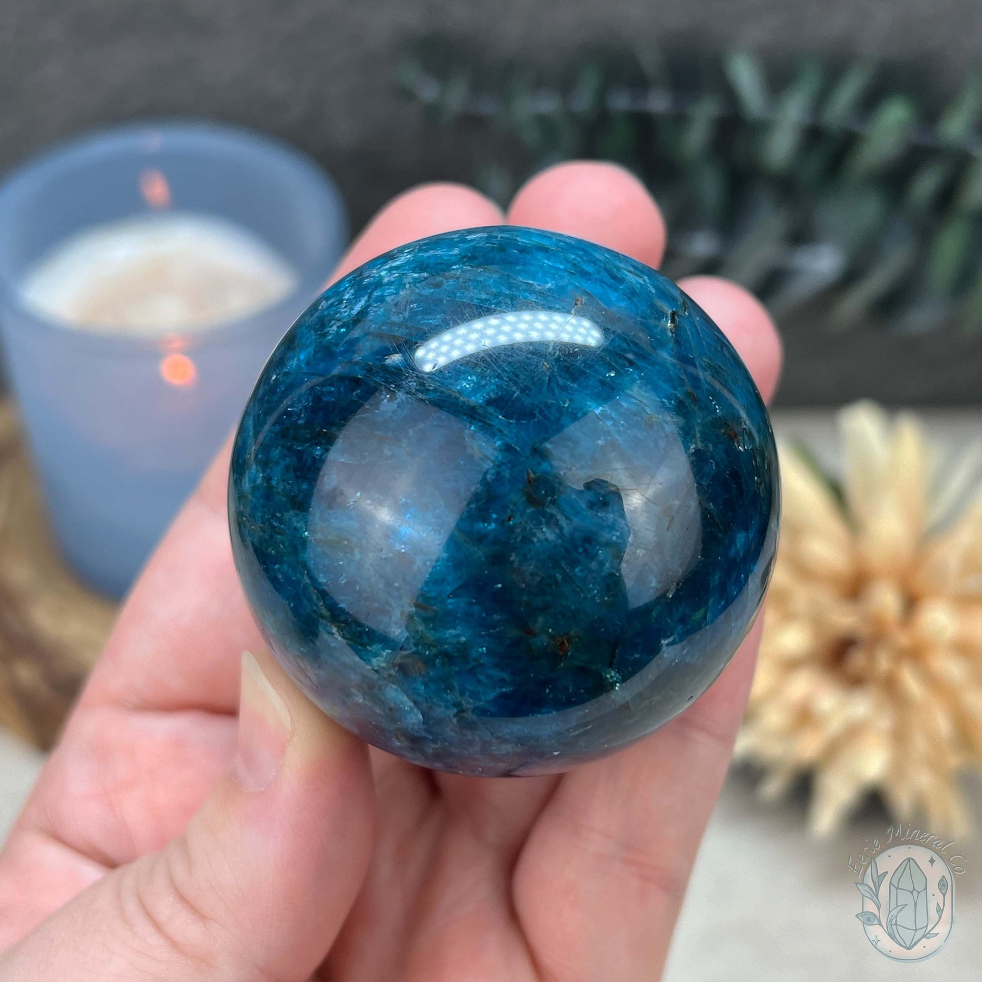54mm Polished Blue Apatite Sphere with Silver Flash