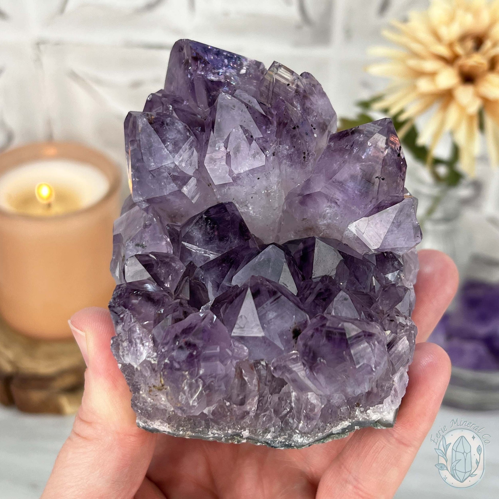 Brazilian Amethyst Crystal Cluster with Golden Goethite Inclusions