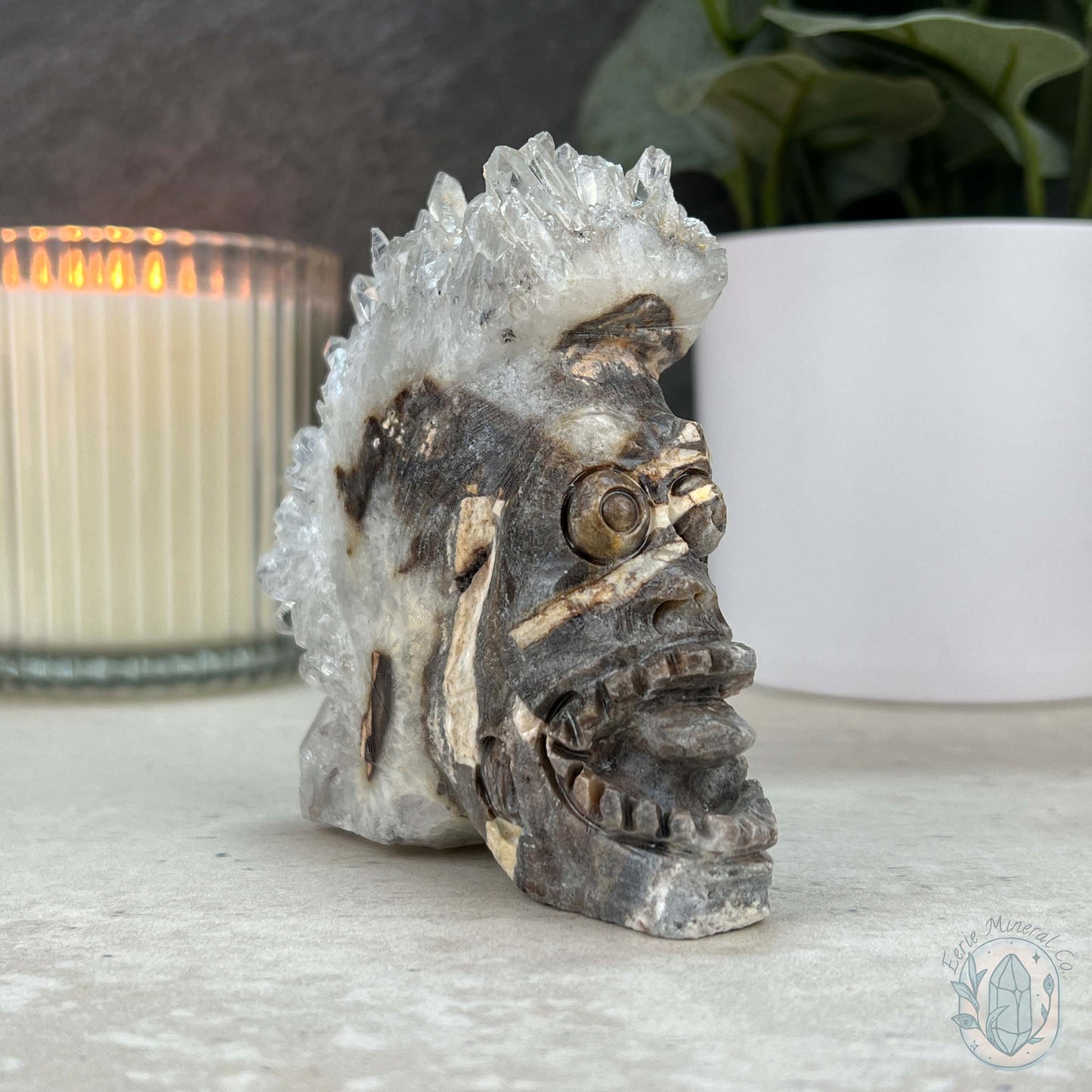 Clear Quartz Cluster Playful Monster Skull Carving