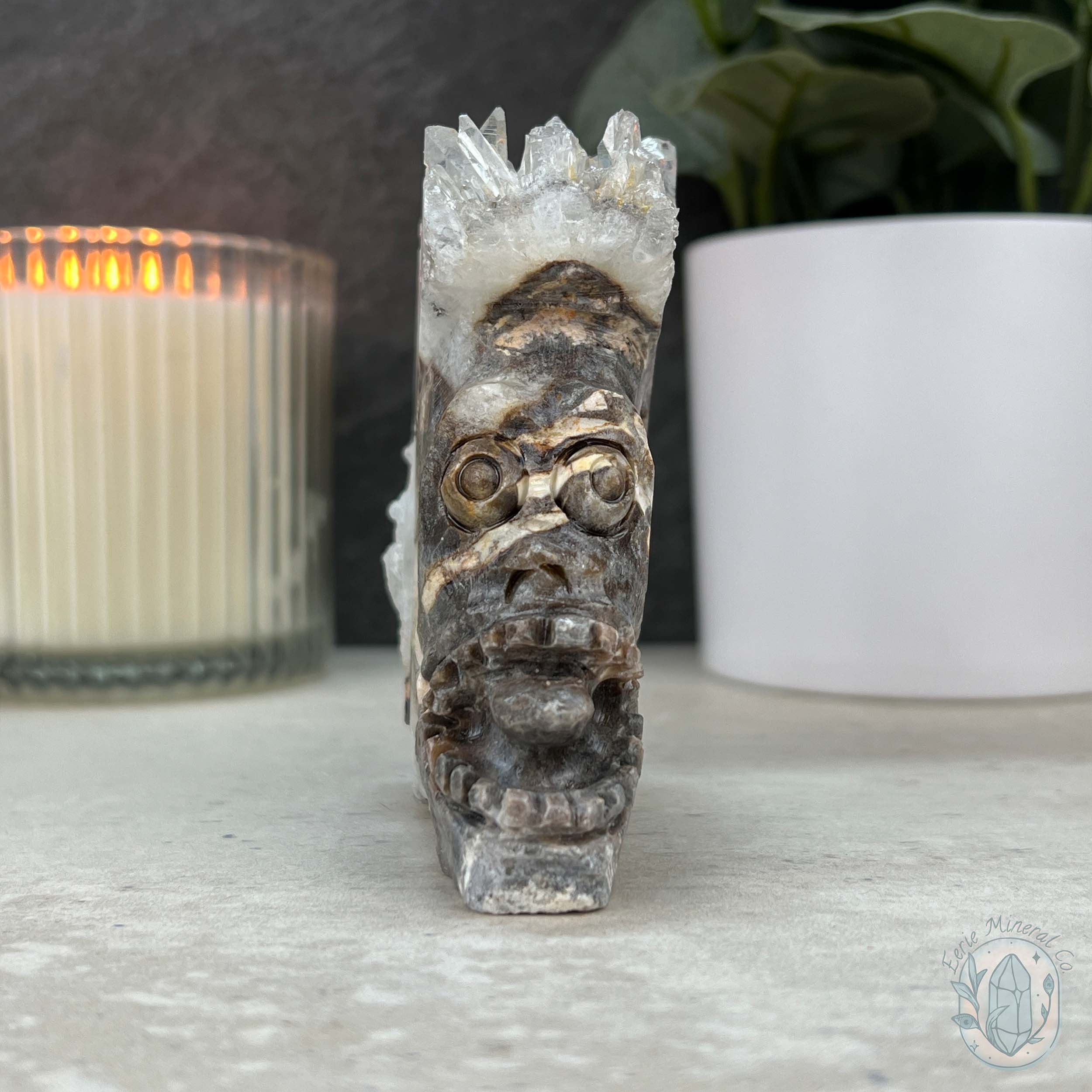Clear Quartz Cluster Playful Monster Skull Carving | Eerie Mineral Co.