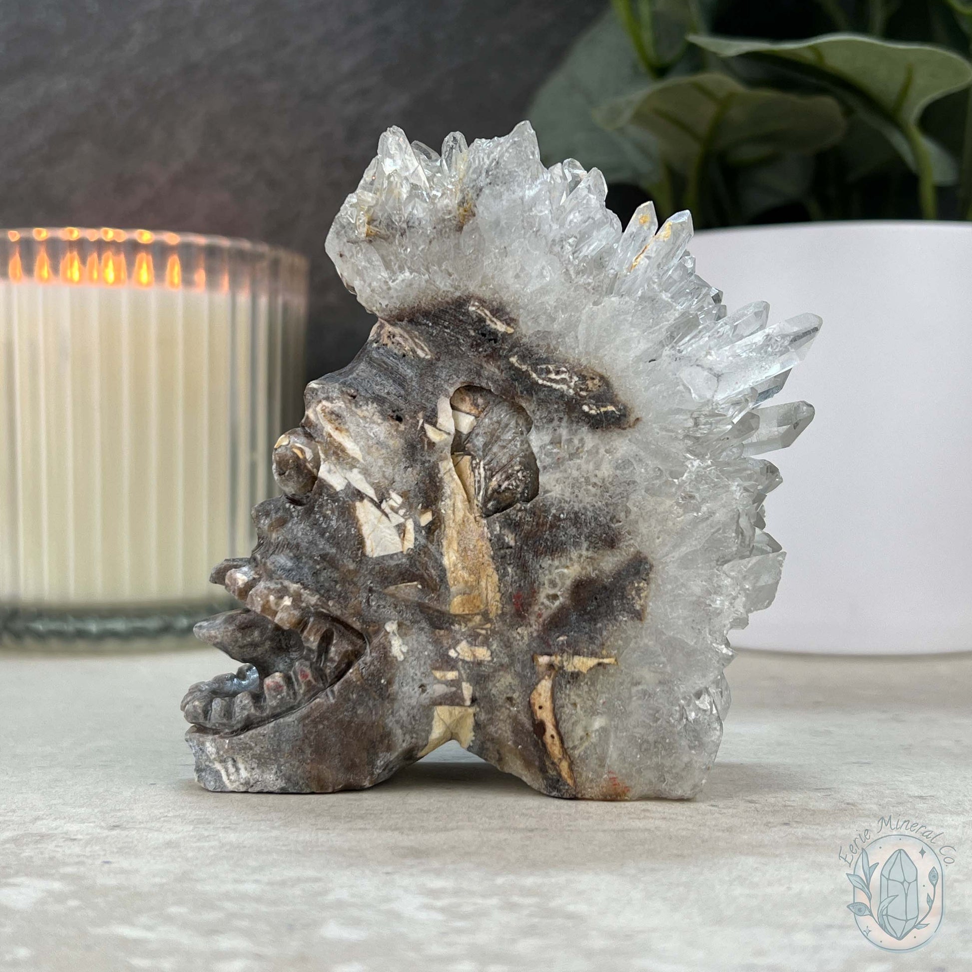 Clear Quartz Cluster Playful Monster Skull Carving