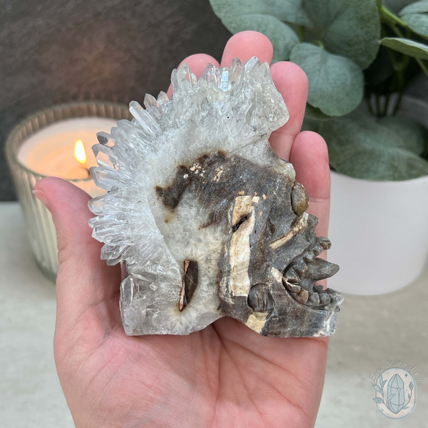 Clear Quartz Cluster Playful Monster Skull Carving