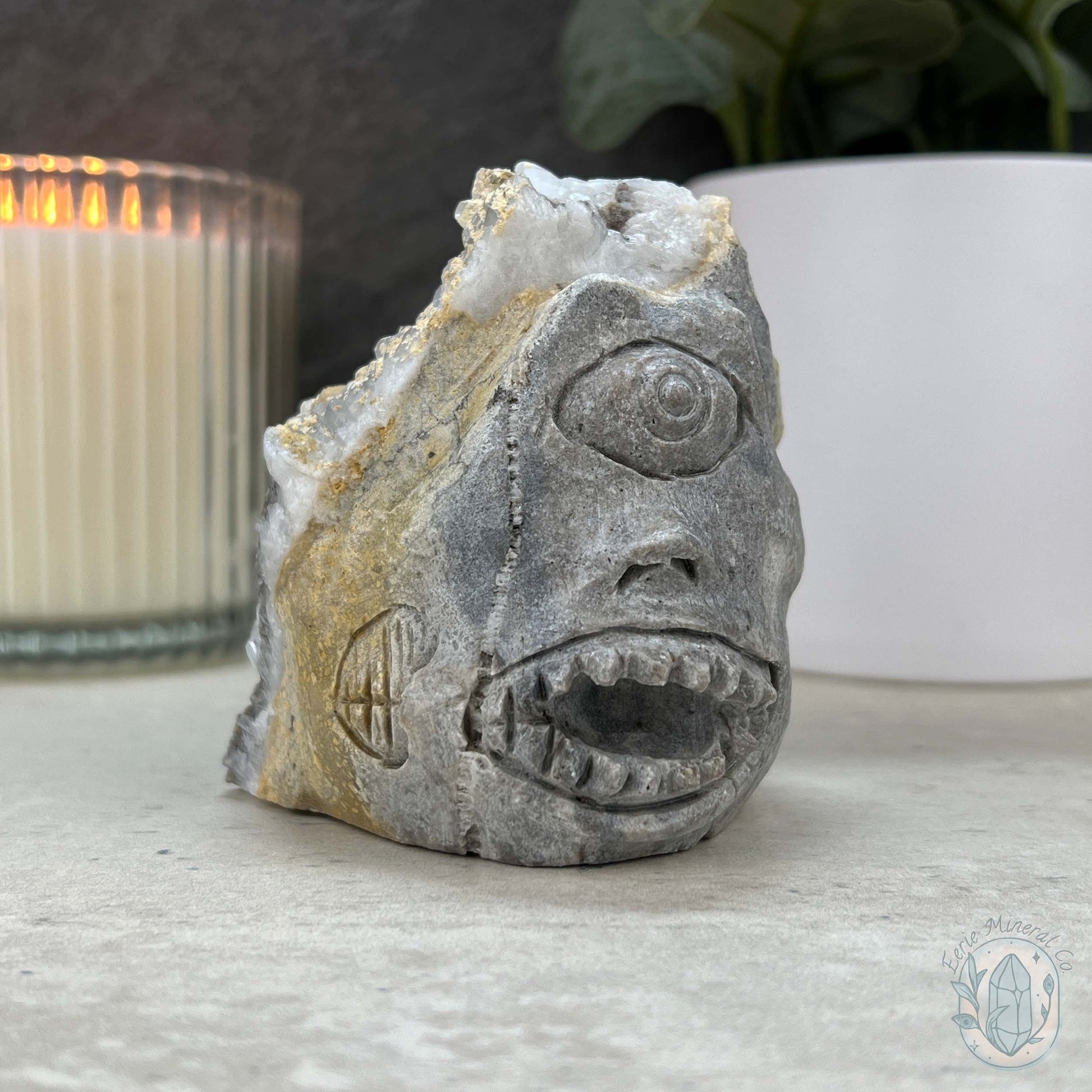 Quartz Cluster Playful Cyclops Monster Skull Carving