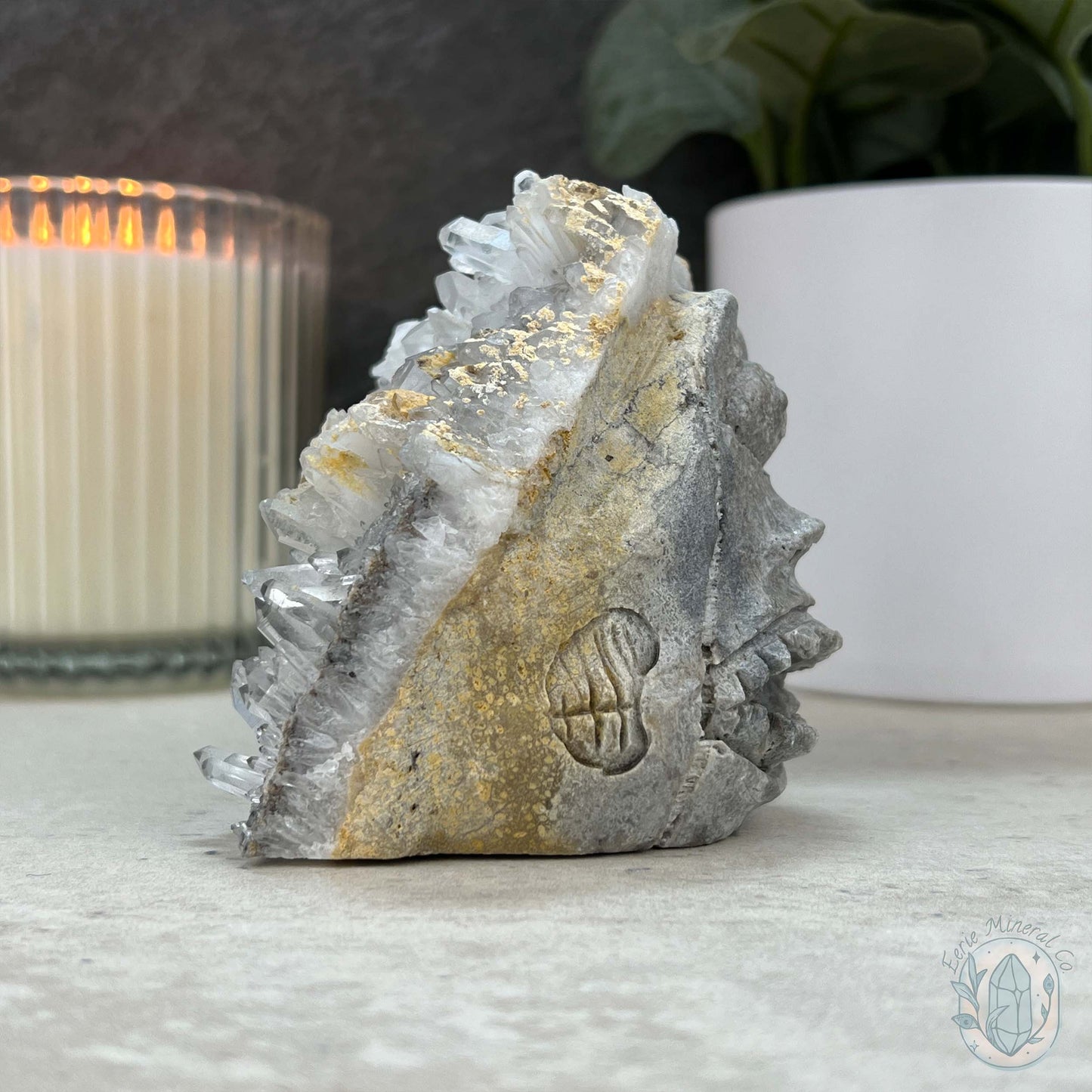 Quartz Cluster Playful Cyclops Monster Skull Carving
