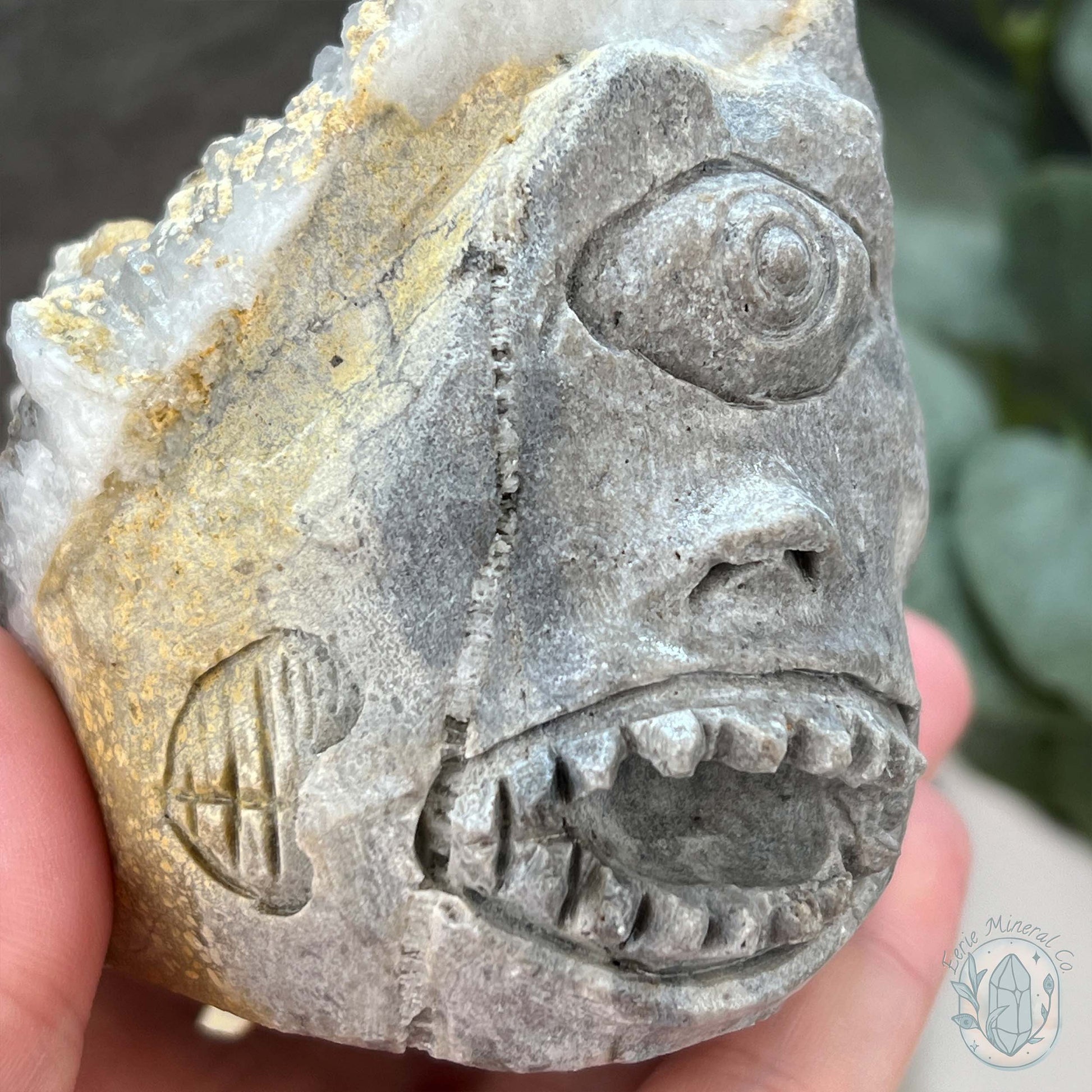 Quartz Cluster Playful Cyclops Monster Skull Carving