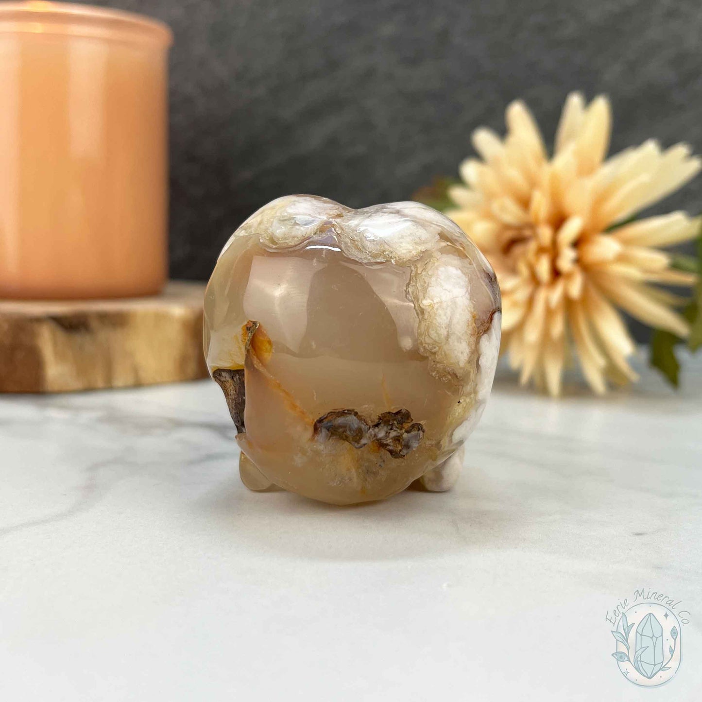 Polished Flower Agate Raven Skull Carving