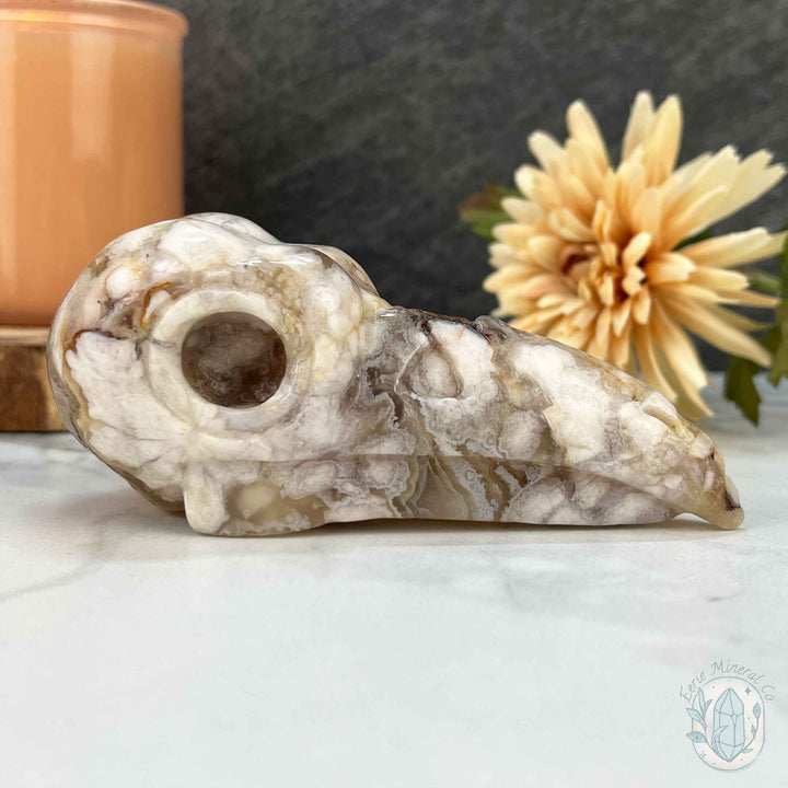 Polished Flower Agate Raven Skull Carving