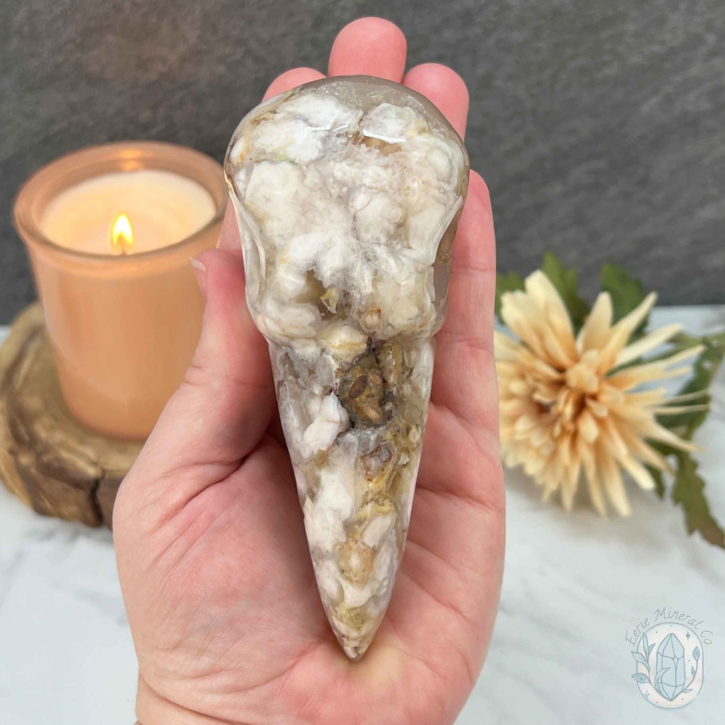 Polished Flower Agate Raven's Skull Carving