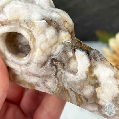 Polished Flower Agate Raven Skull Carving