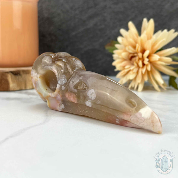 Polished Flower Agate Raven's Skull Carving