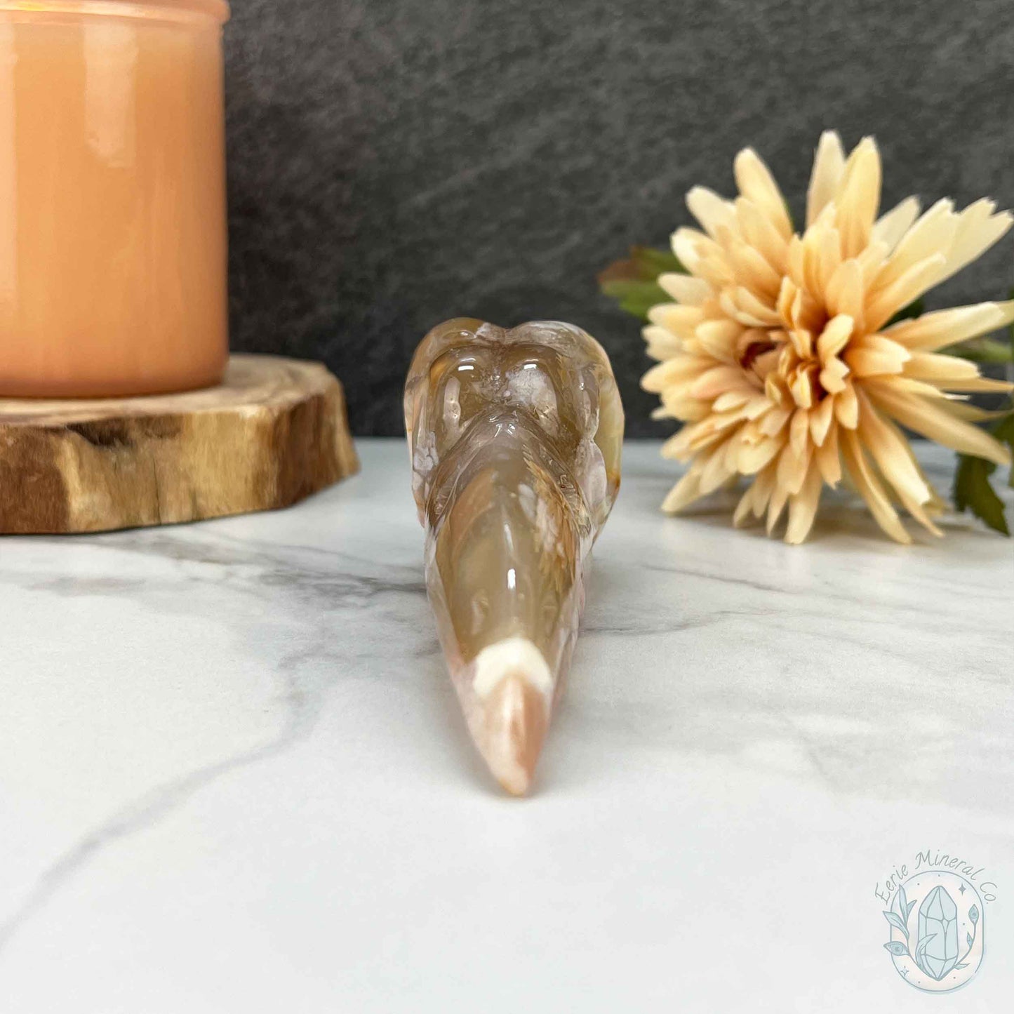 Polished Flower Agate Raven's Skull Carving