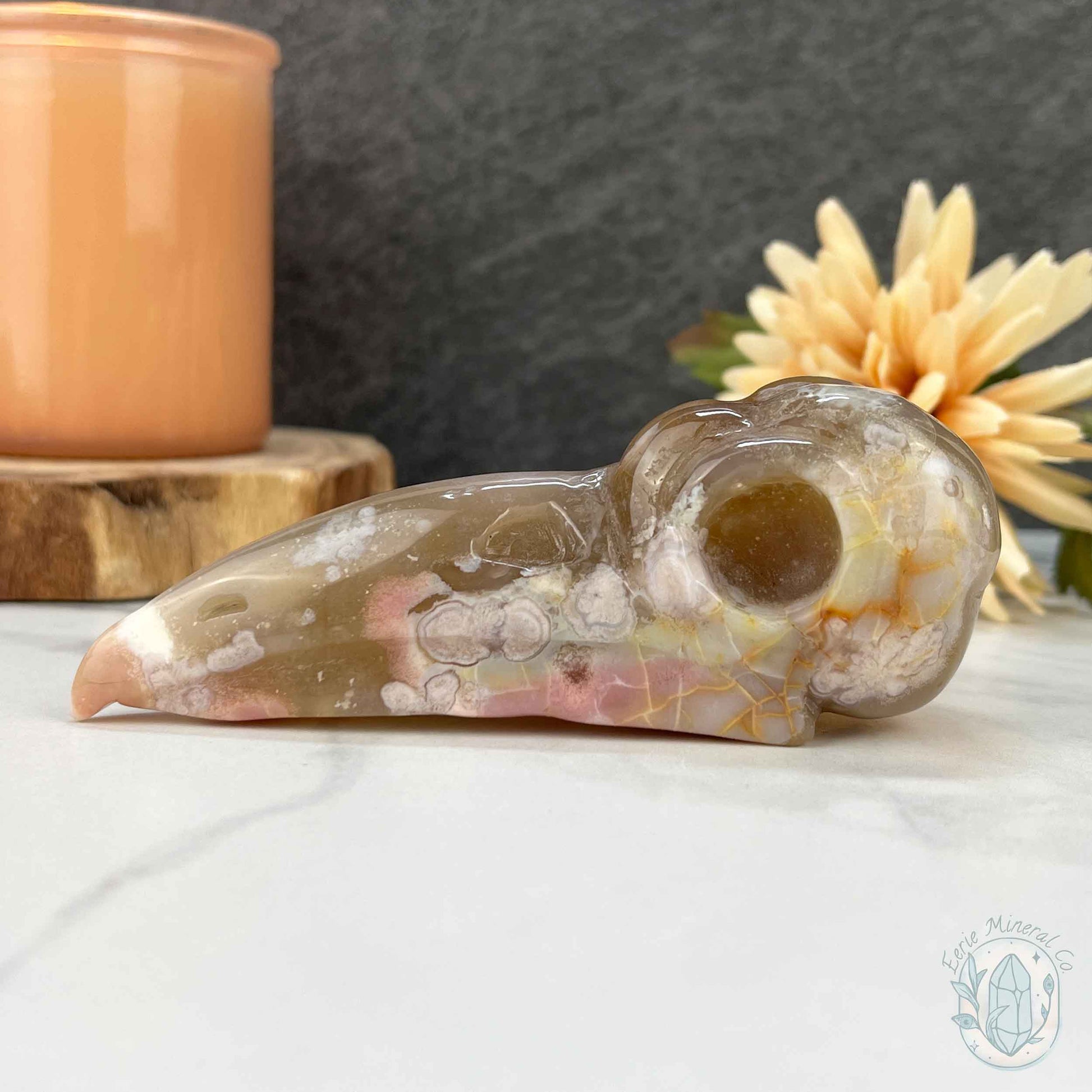 Polished Flower Agate Raven's Skull Carving