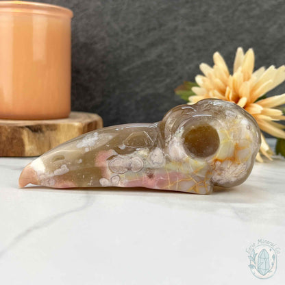Polished Flower Agate Raven's Skull Carving