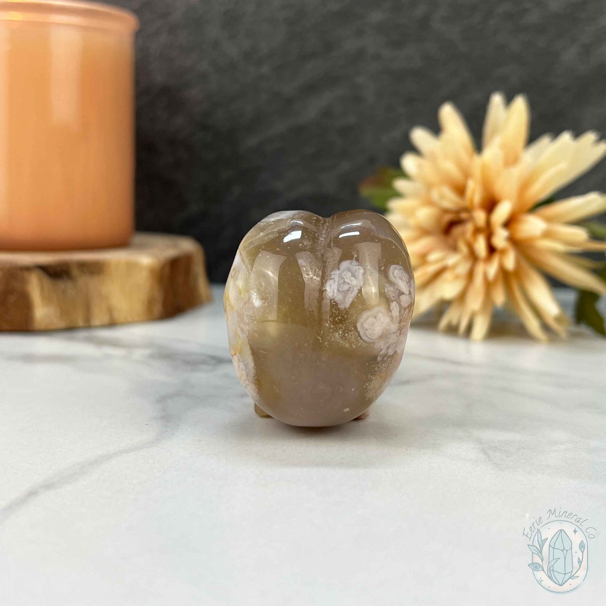 Polished Flower Agate Raven's Skull Carving