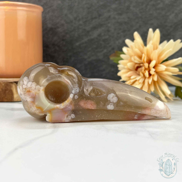 Polished Flower Agate Raven's Skull Carving