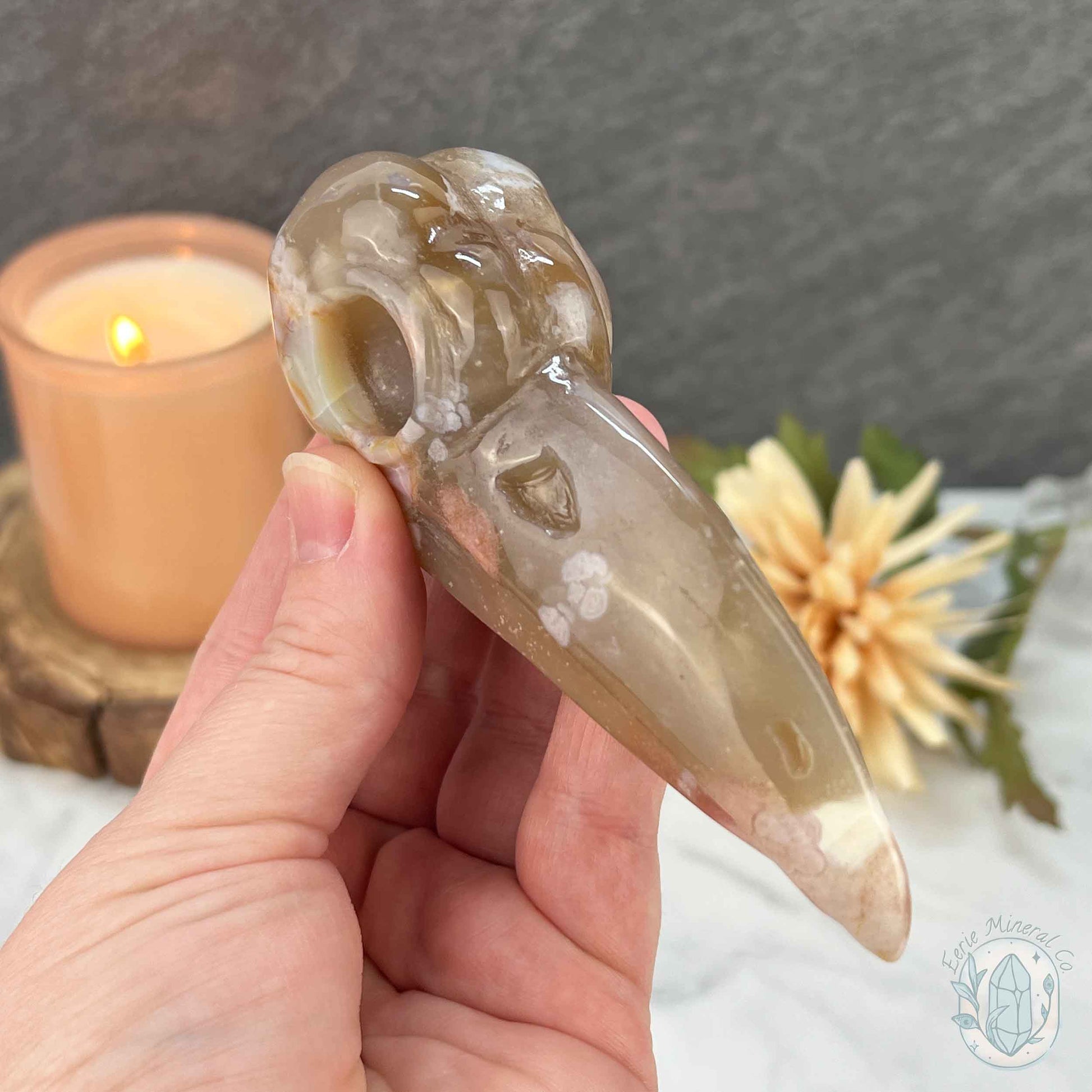 Polished Flower Agate Raven's Skull Carving