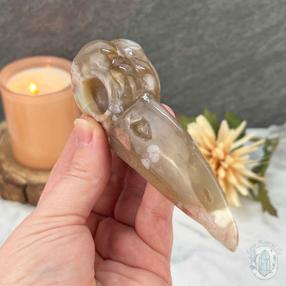 Polished Flower Agate Raven's Skull Carving