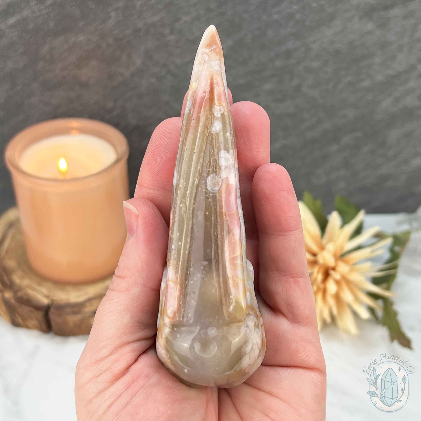 Polished Flower Agate Raven's Skull Carving