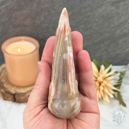 Polished Flower Agate Raven's Skull Carving