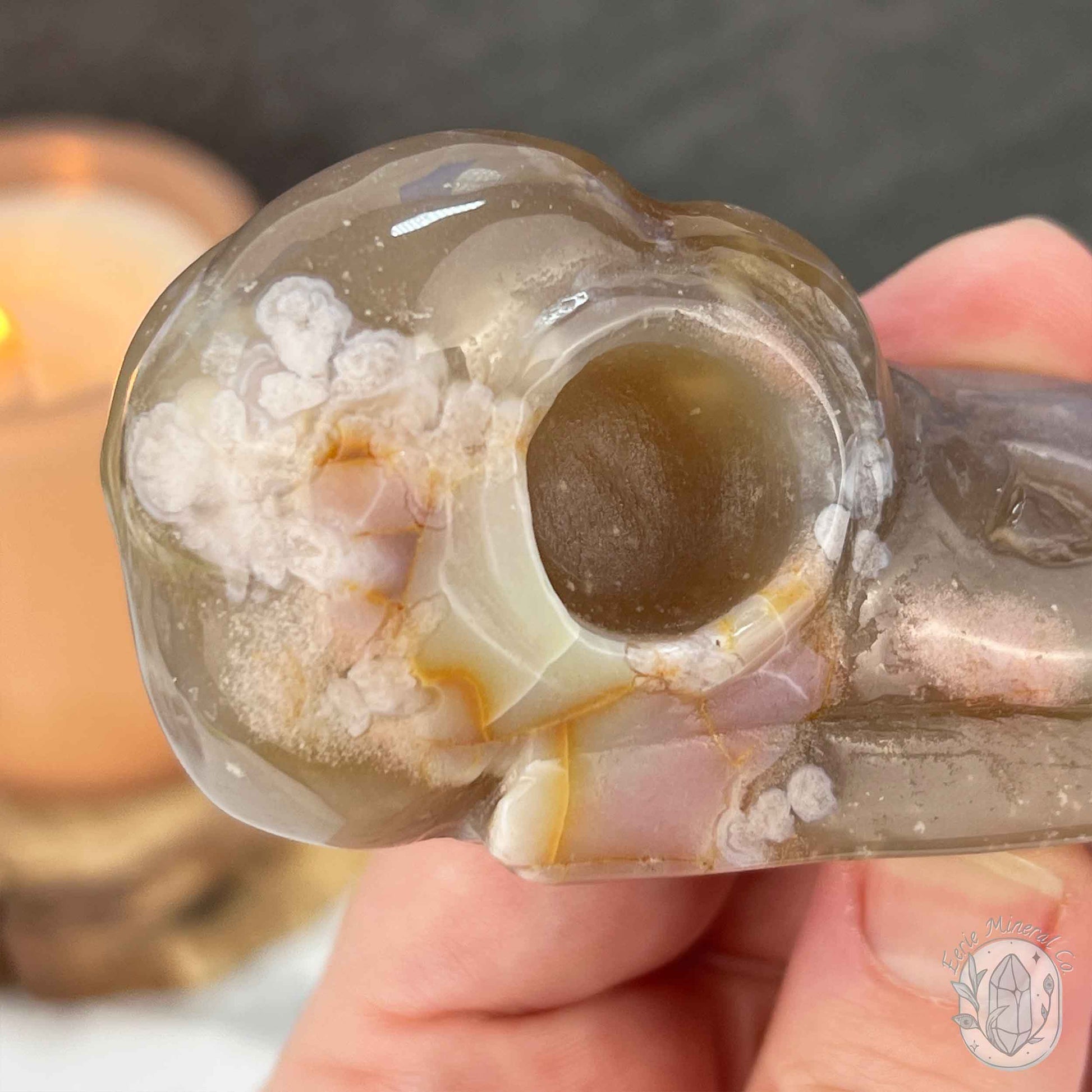 Polished Flower Agate Raven's Skull Carving