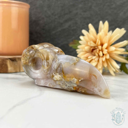 Polished Flower Agate Raven's Skull Carving