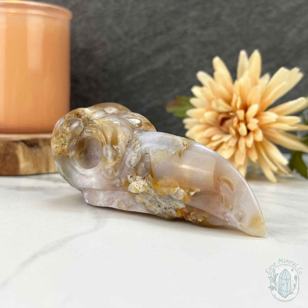 Polished Flower Agate Raven's Skull Carving