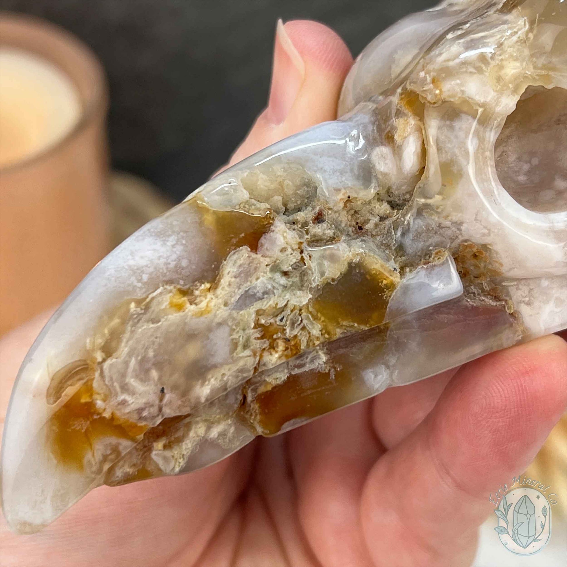 Polished Flower Agate Raven's Skull Carving