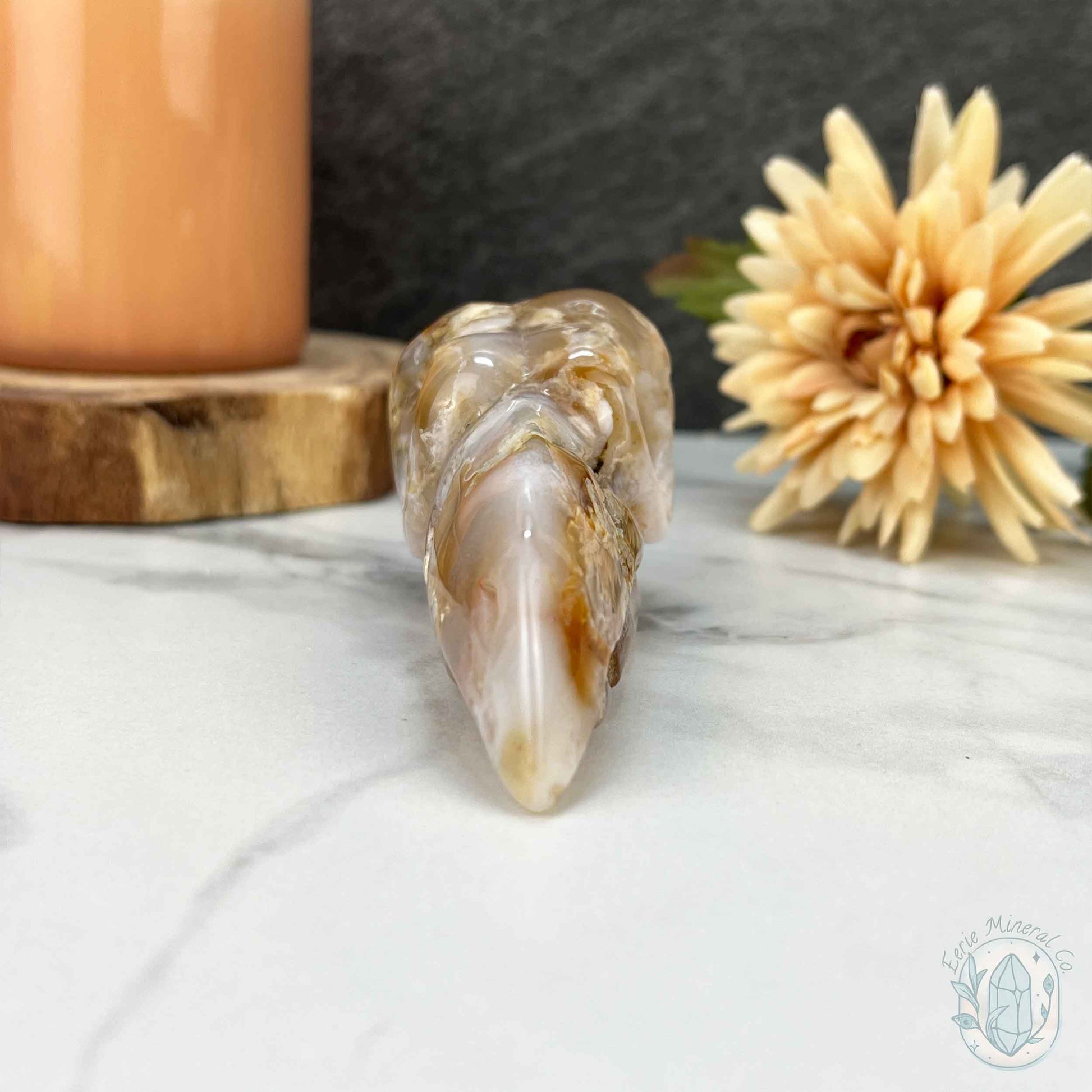 Polished Flower Agate Raven's Skull Carving