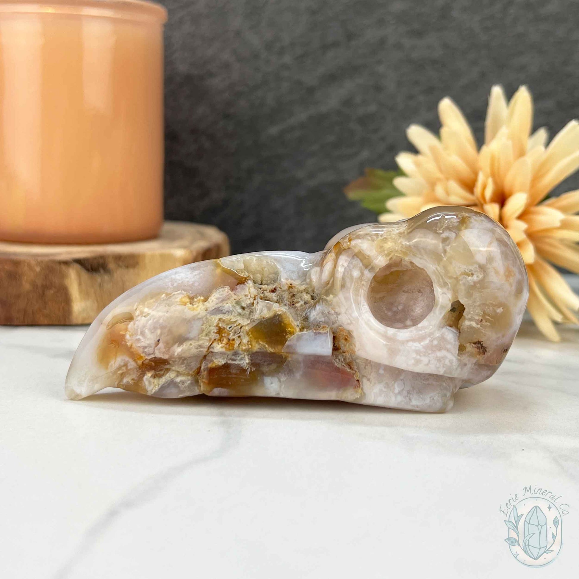 Polished Flower Agate Raven's Skull Carving