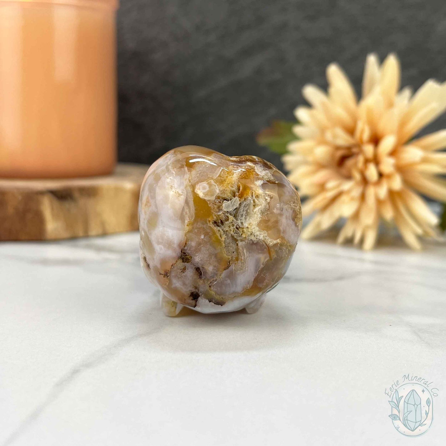 Polished Flower Agate Raven's Skull Carving