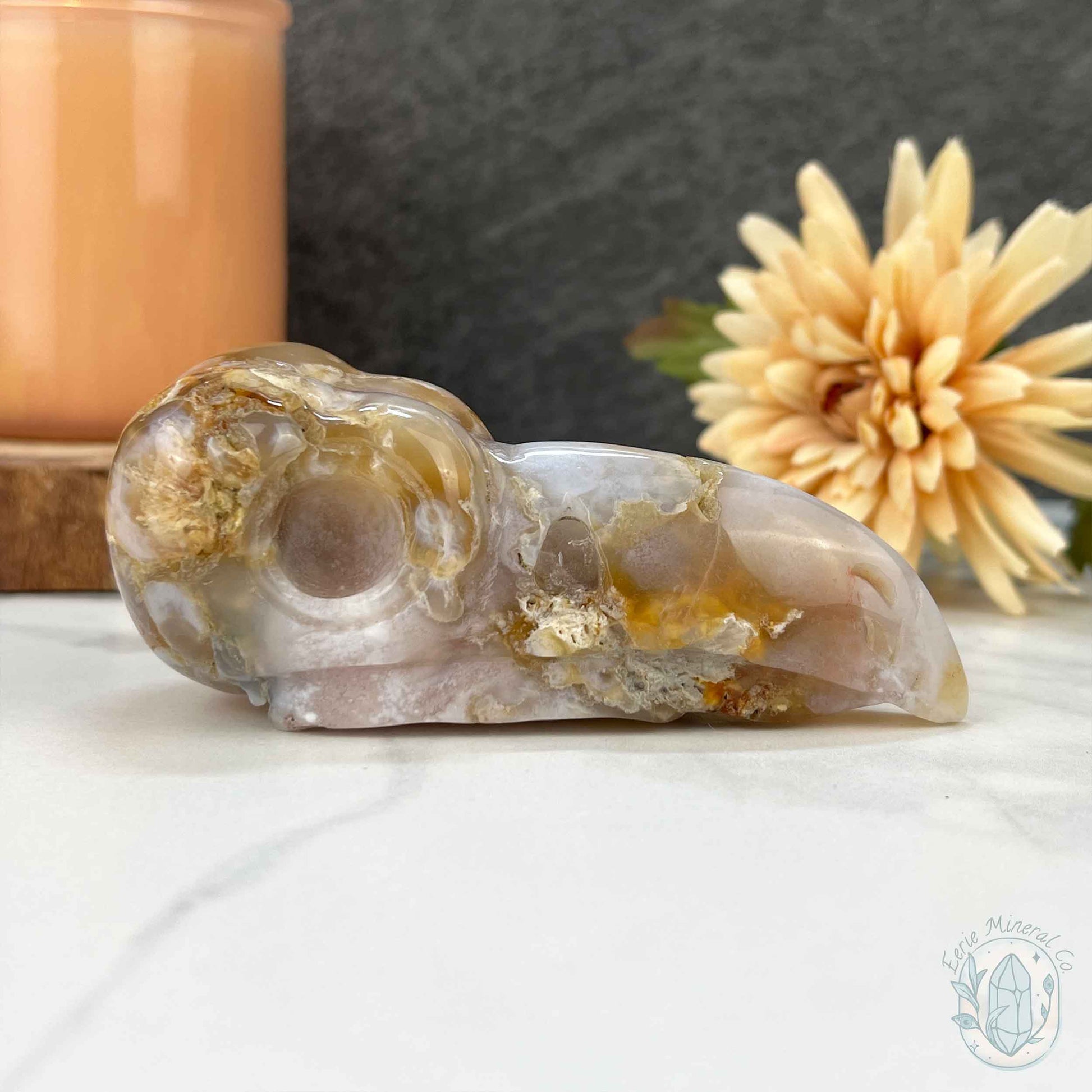 Polished Flower Agate Raven's Skull Carving