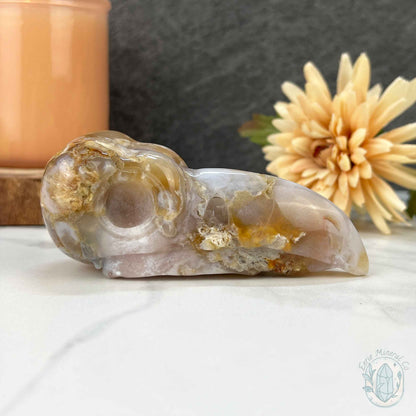 Polished Flower Agate Raven's Skull Carving
