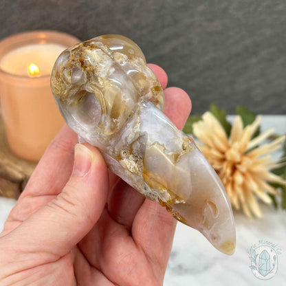 Polished Flower Agate Raven's Skull Carving