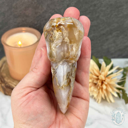 Polished Flower Agate Raven's Skull Carving