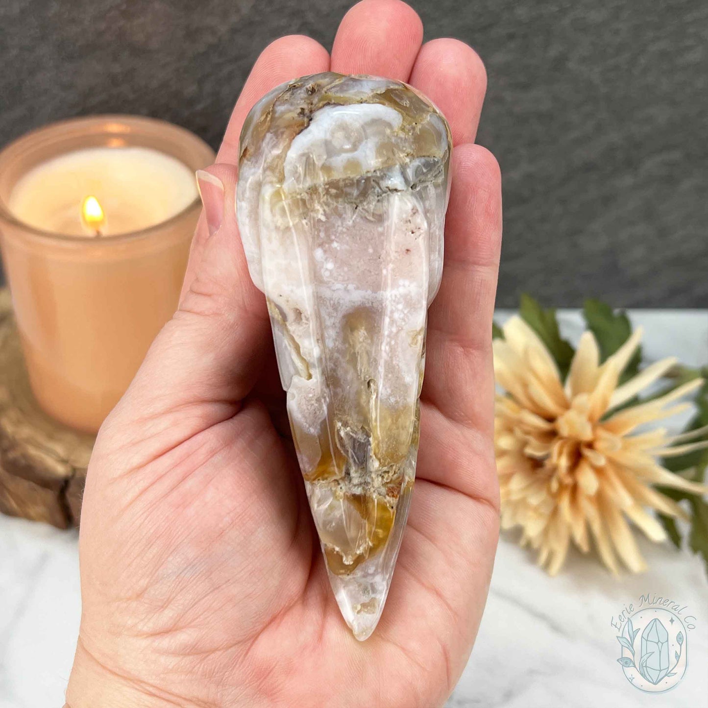 Polished Flower Agate Raven's Skull Carving