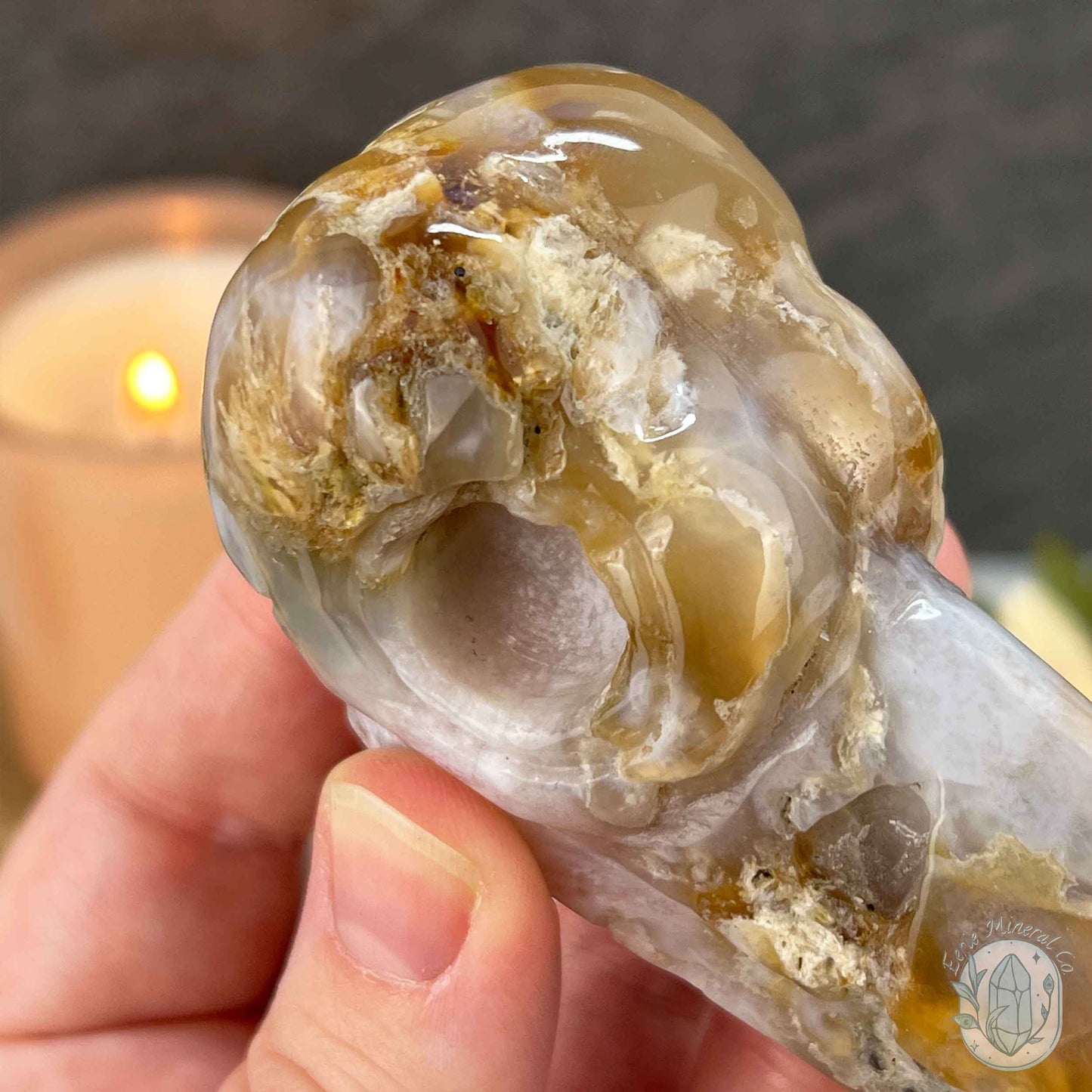 Polished Flower Agate Raven's Skull Carving