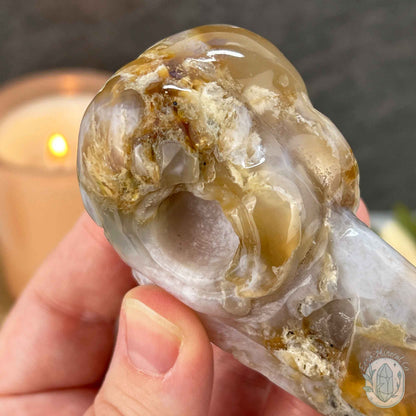 Polished Flower Agate Raven's Skull Carving