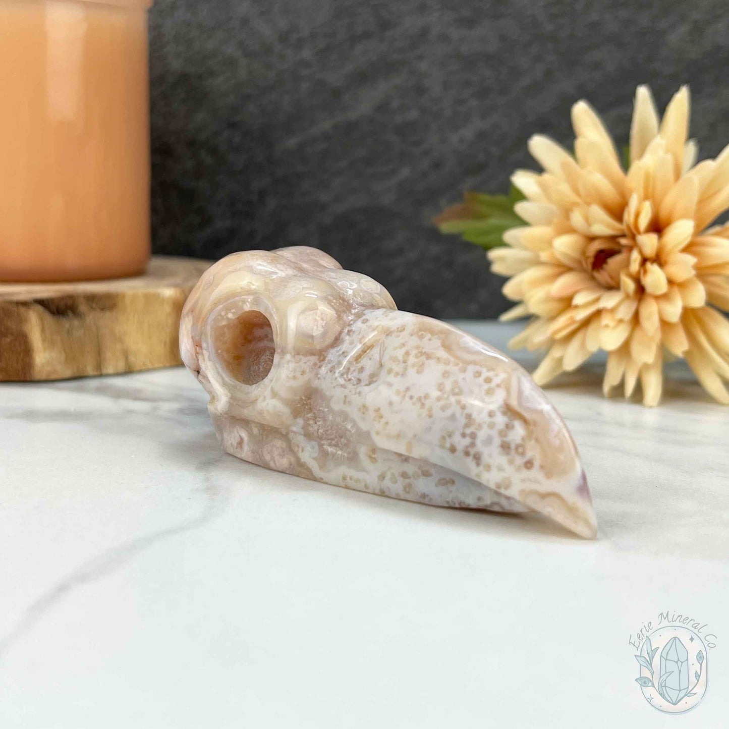 Polished Flower Agate Raven's Skull Carving