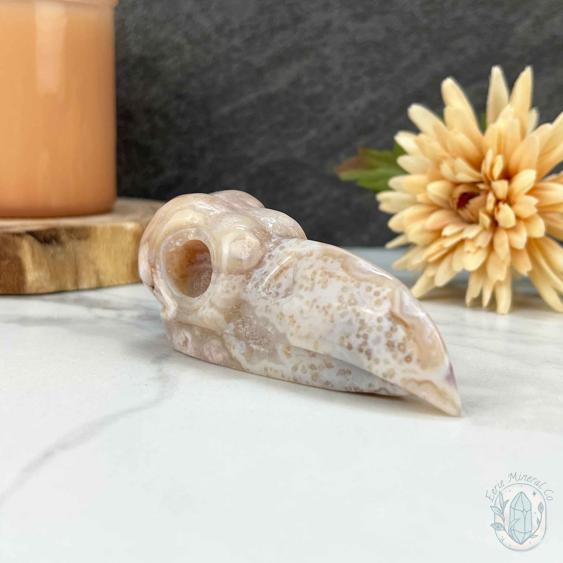 Polished Flower Agate Raven's Skull Carving