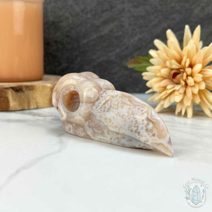 Polished Flower Agate Raven's Skull Carving