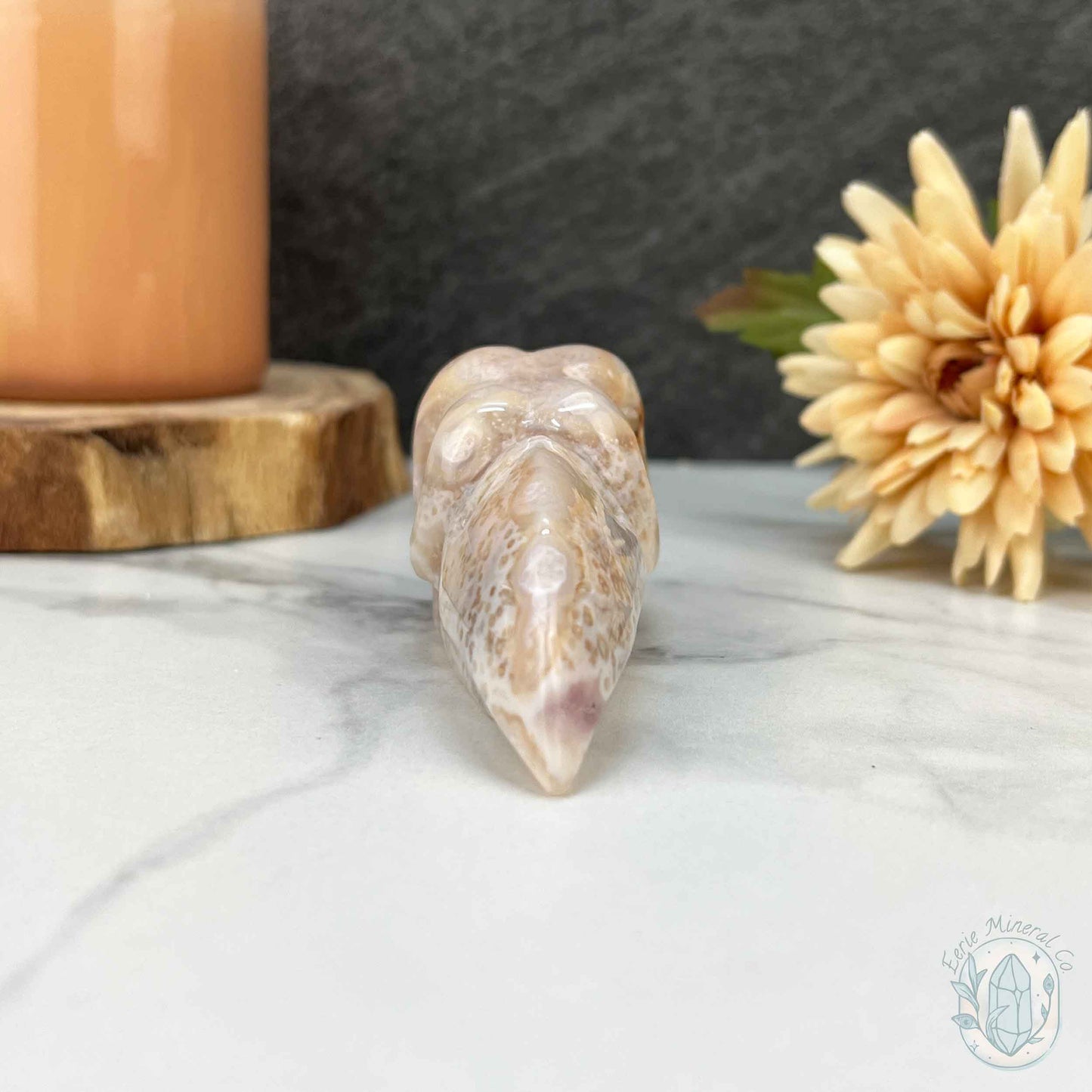 Polished Flower Agate Raven's Skull Carving