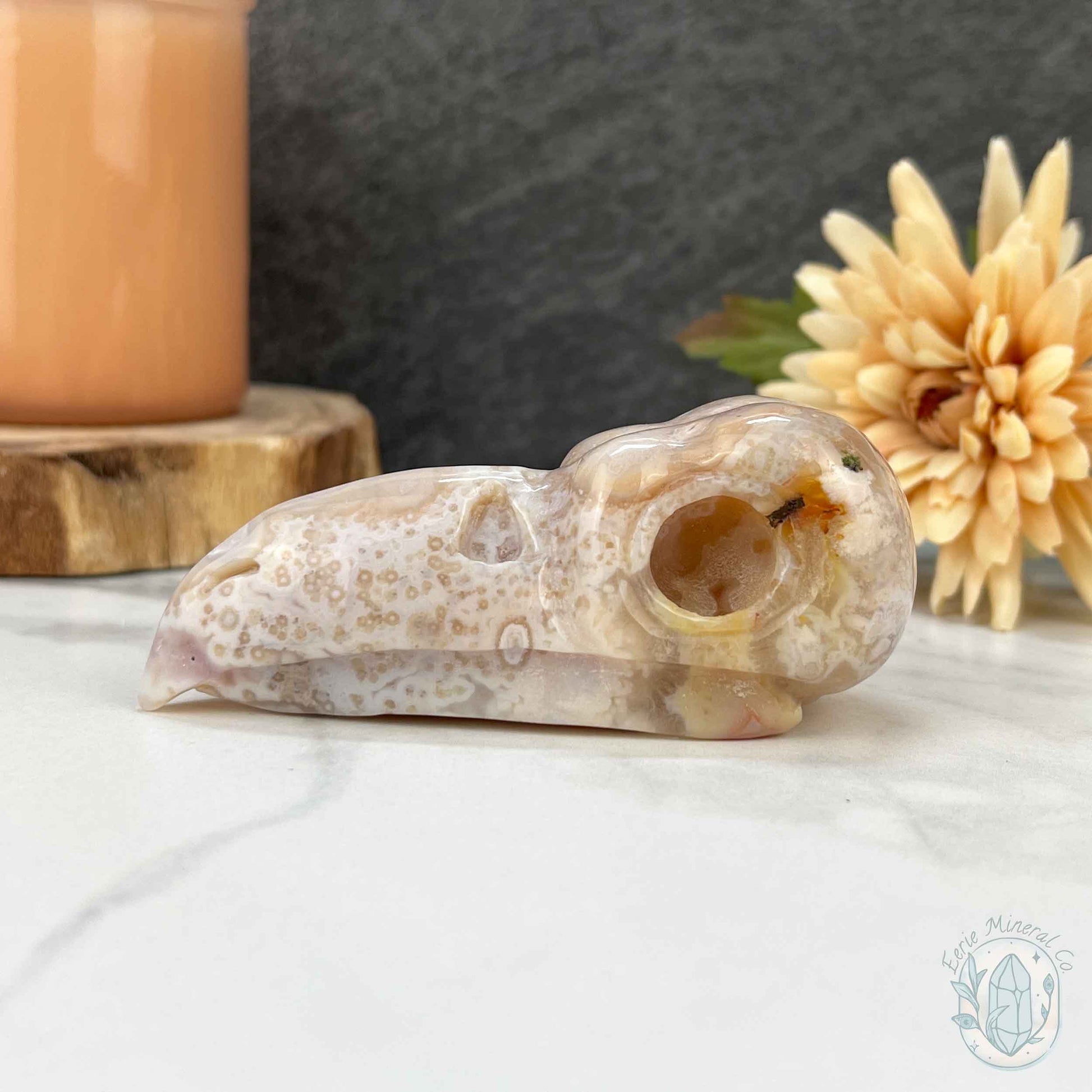 Polished Flower Agate Raven's Skull Carving