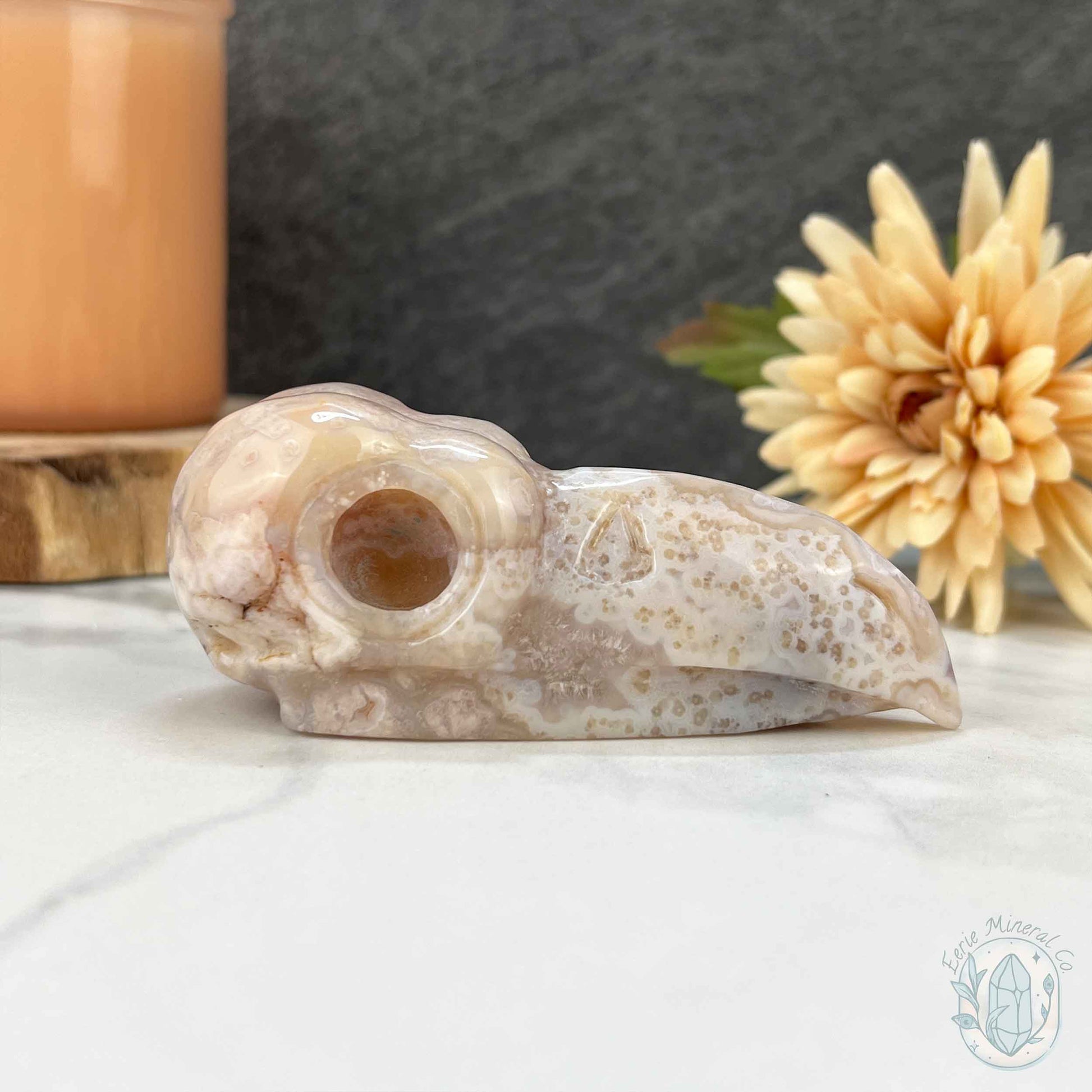 Polished Flower Agate Raven's Skull Carving