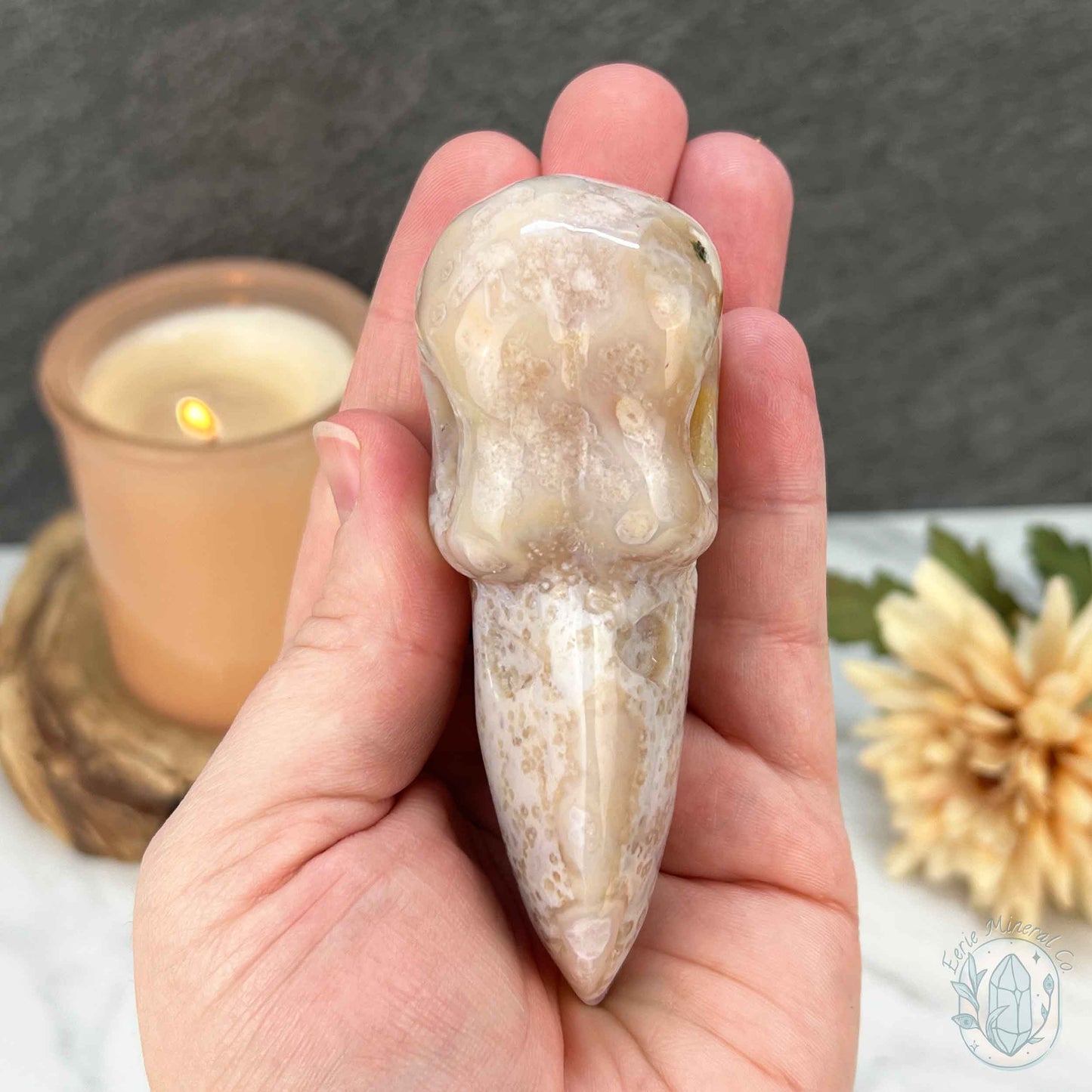 Polished Flower Agate Raven's Skull Carving