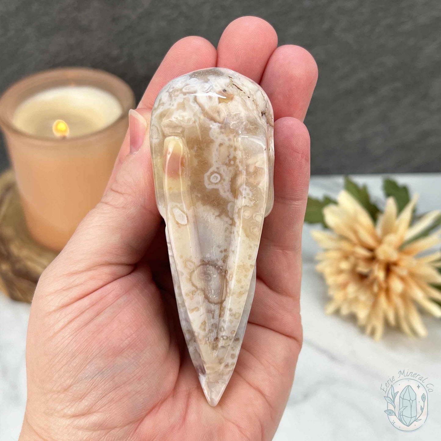 Polished Flower Agate Raven's Skull Carving