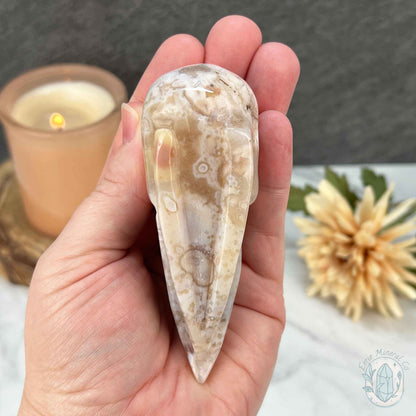 Polished Flower Agate Raven's Skull Carving
