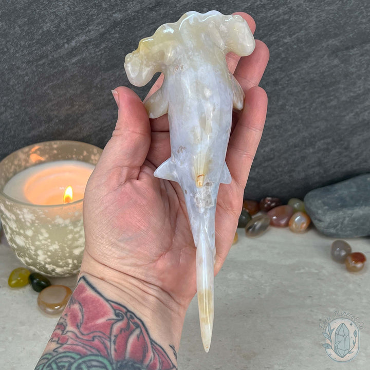 Sandy Colored Flower Agate Hammerhead Shark Carving