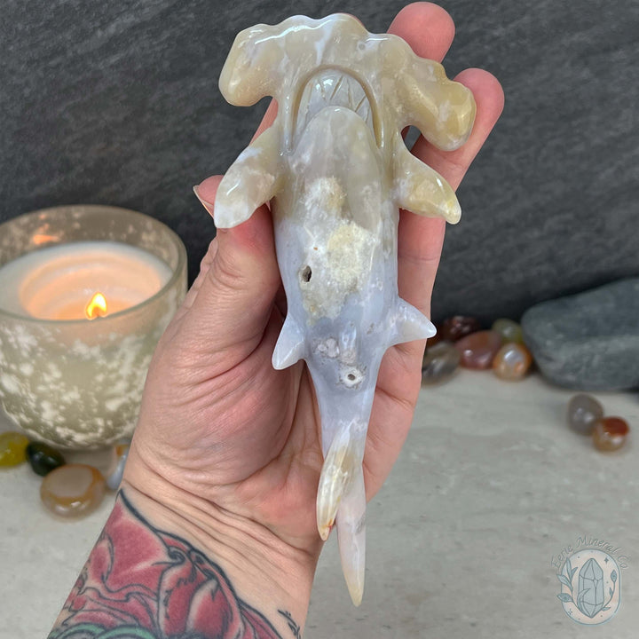 Sandy Colored Flower Agate Hammerhead Shark Carving